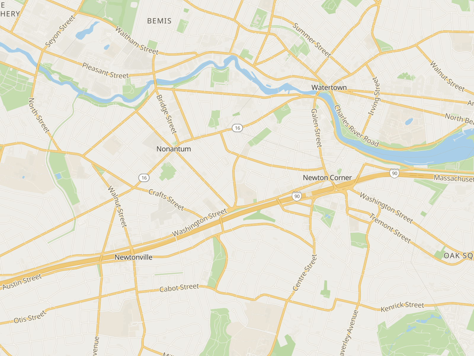 Map of Nonantum and the surrounding Newton villages, showing 28 nearby places