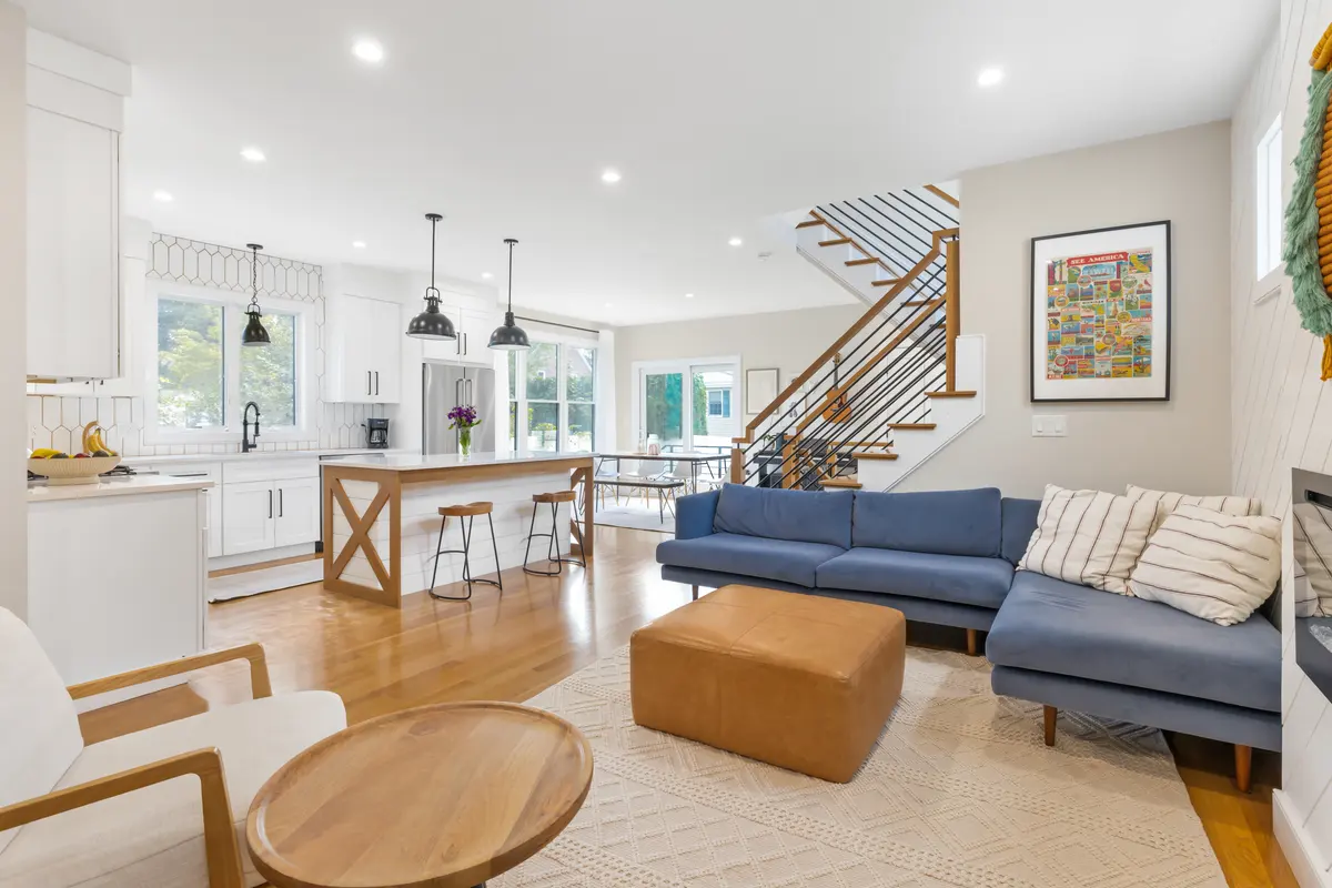 The first floor, open from the kitchen through to the living room and stair